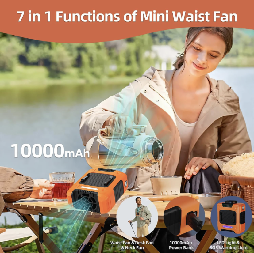 Waist Fan - Portable Neck Fan with 10000mAh Battery, 24-Hour Runtime, LED SOS Light, 3 Speeds, 15500RPM Strong Airflow - Ideal Belt Clip Fan for Jobsite, Farming, Fishing