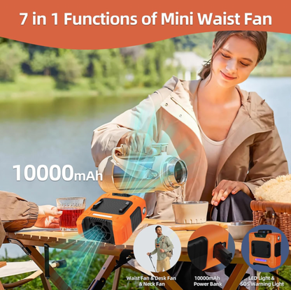 Waist Fan - Portable Neck Fan with 10000mAh Battery, 24-Hour Runtime, LED SOS Light, 3 Speeds, 15500RPM Strong Airflow - Ideal Belt Clip Fan for Jobsite, Farming, Fishing