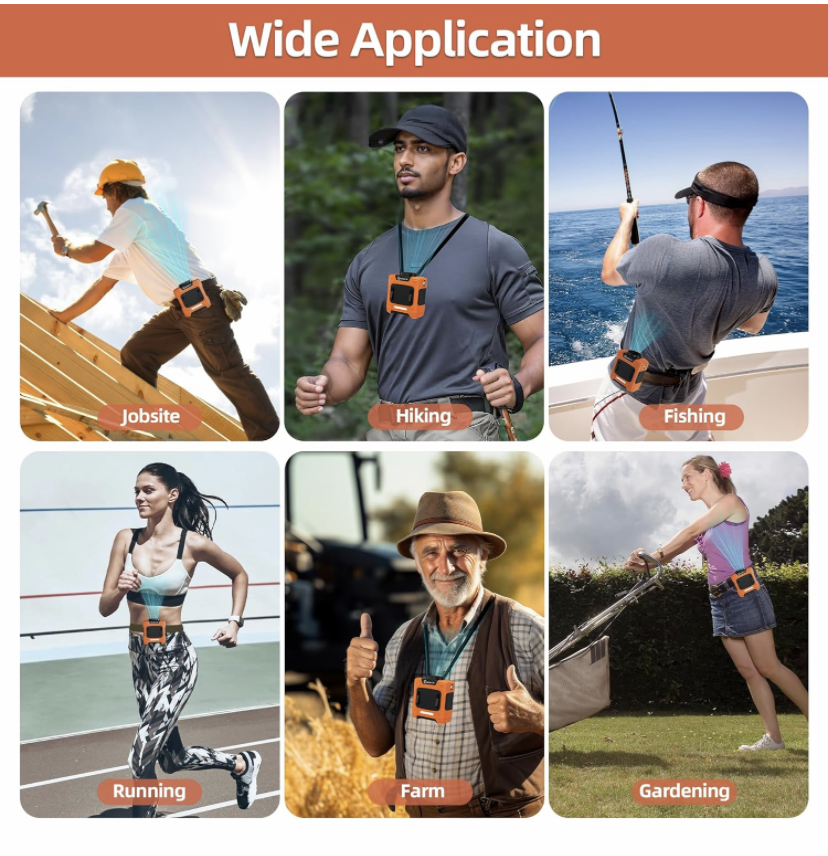 Waist Fan - Portable Neck Fan with 10000mAh Battery, 24-Hour Runtime, LED SOS Light, 3 Speeds, 15500RPM Strong Airflow - Ideal Belt Clip Fan for Jobsite, Farming, Fishing